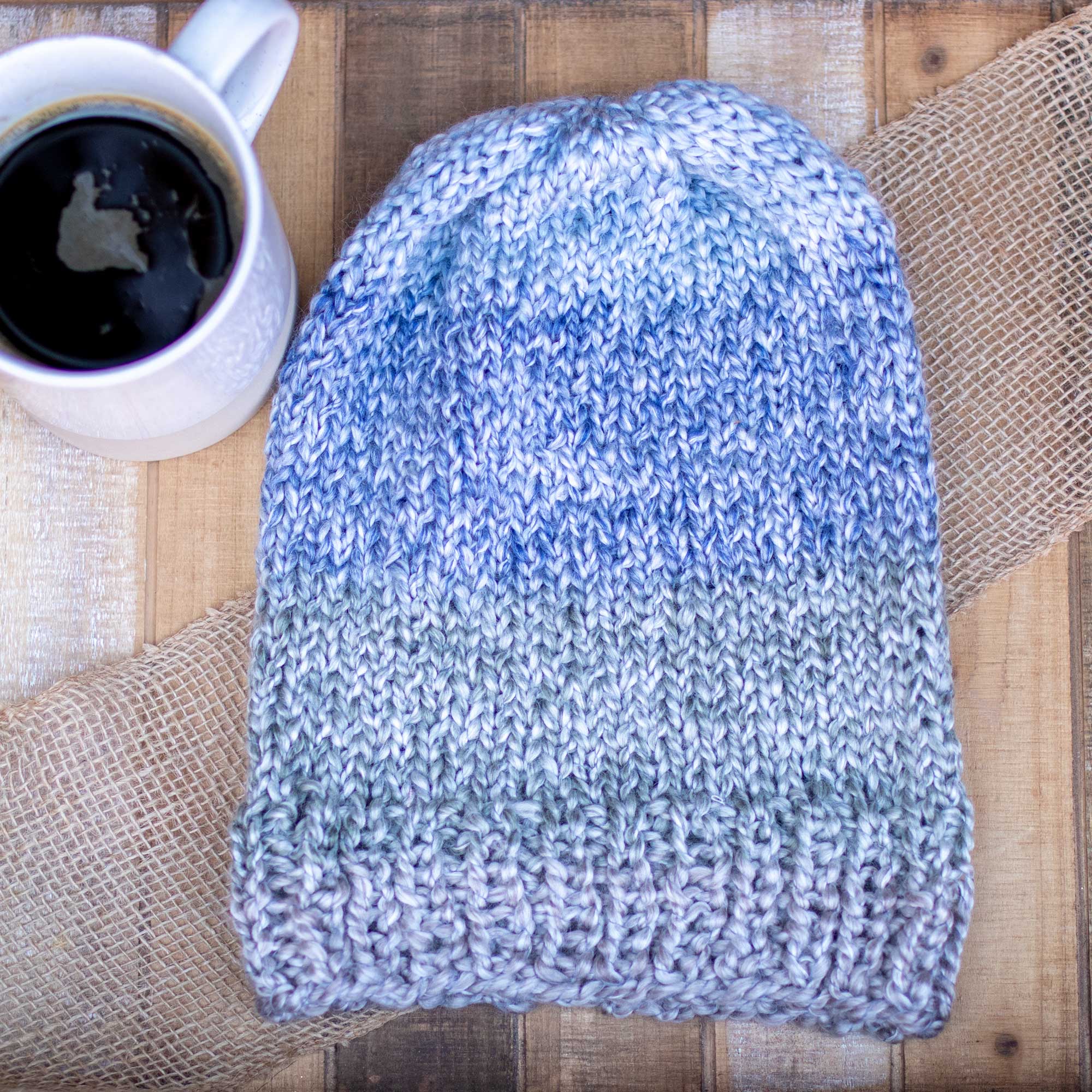 Hand-Knitted Beanie - Blue/Green/Taupe